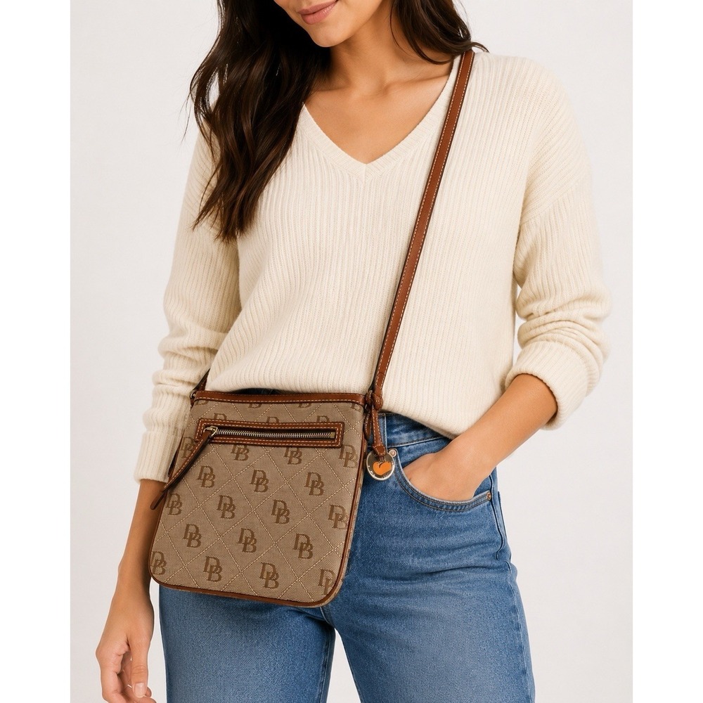 Dooney & Bourke DB Signature Crossbody Bag Brown Tan Canvas Leather